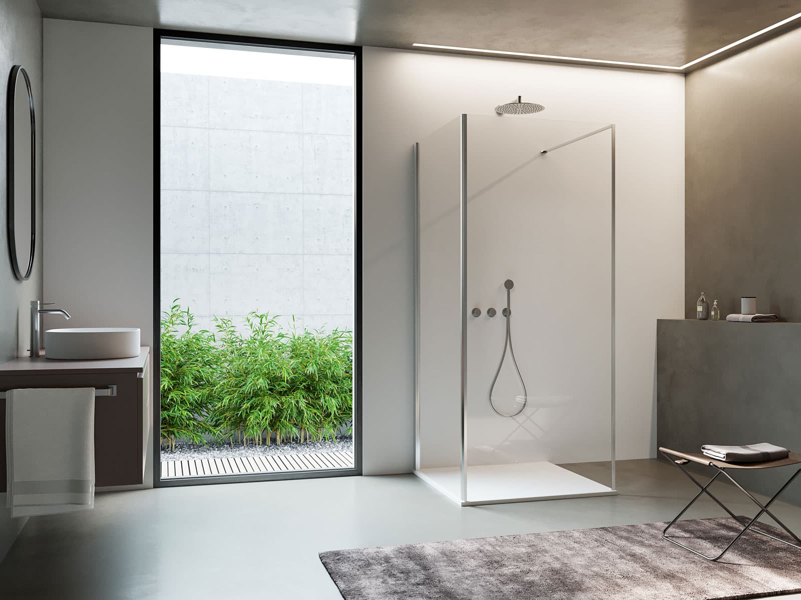 Box doccia angolare in cristallo con profili sottili, piatto bianco a filo pavimento e soffione a soffitto