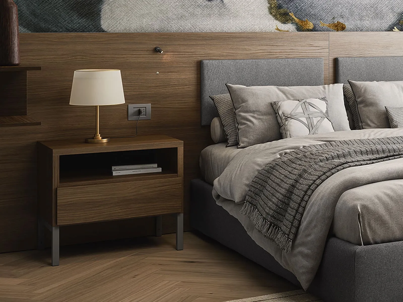 Comodino in noce con vano a giorno e cassetto accanto a letto imbottito grigio