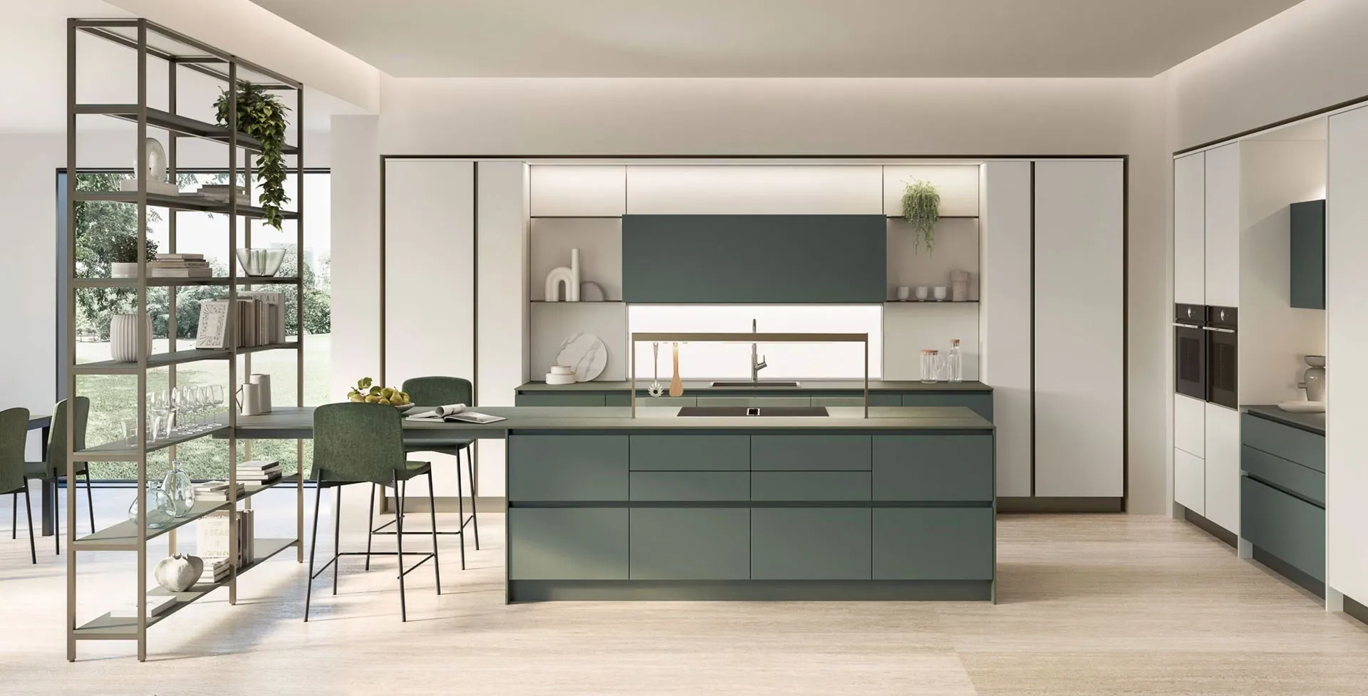 Cucina Veneta Cucine Oyster con isola in verde salvia
