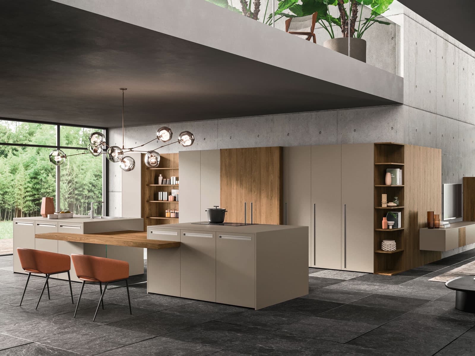 Cucina Gentili con due isole tortora, tavolo in legno sospeso e colonne in rovere