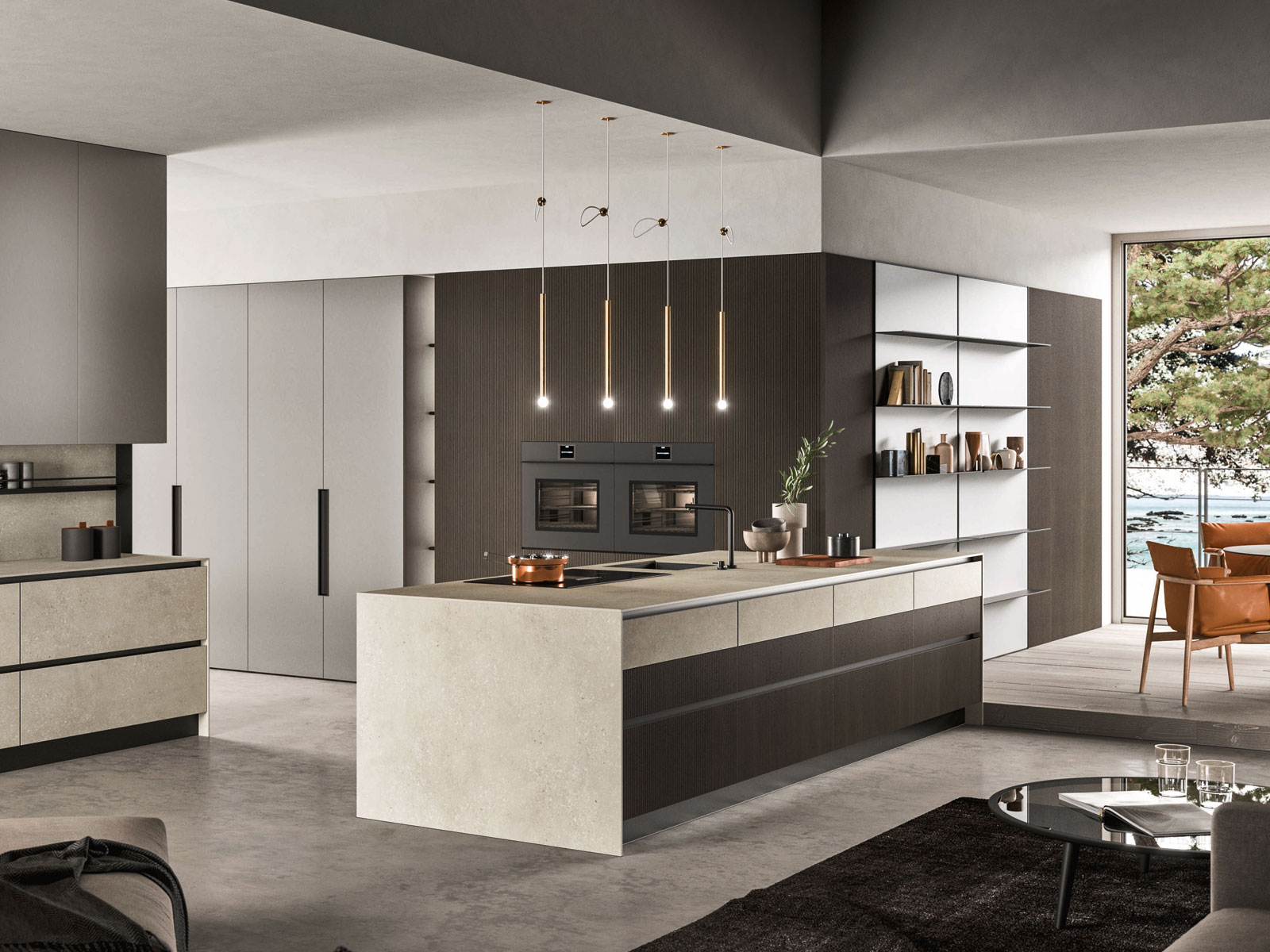Cucina Gentili con isola in pietra chiara e ante scure cannettate, colonne forno e libreria a giorno