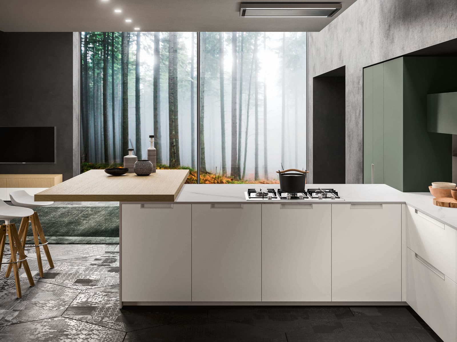 Cucina Gentili ad angolo con basi bianche, penisola con piano snack in rovere e colonne verde salvia