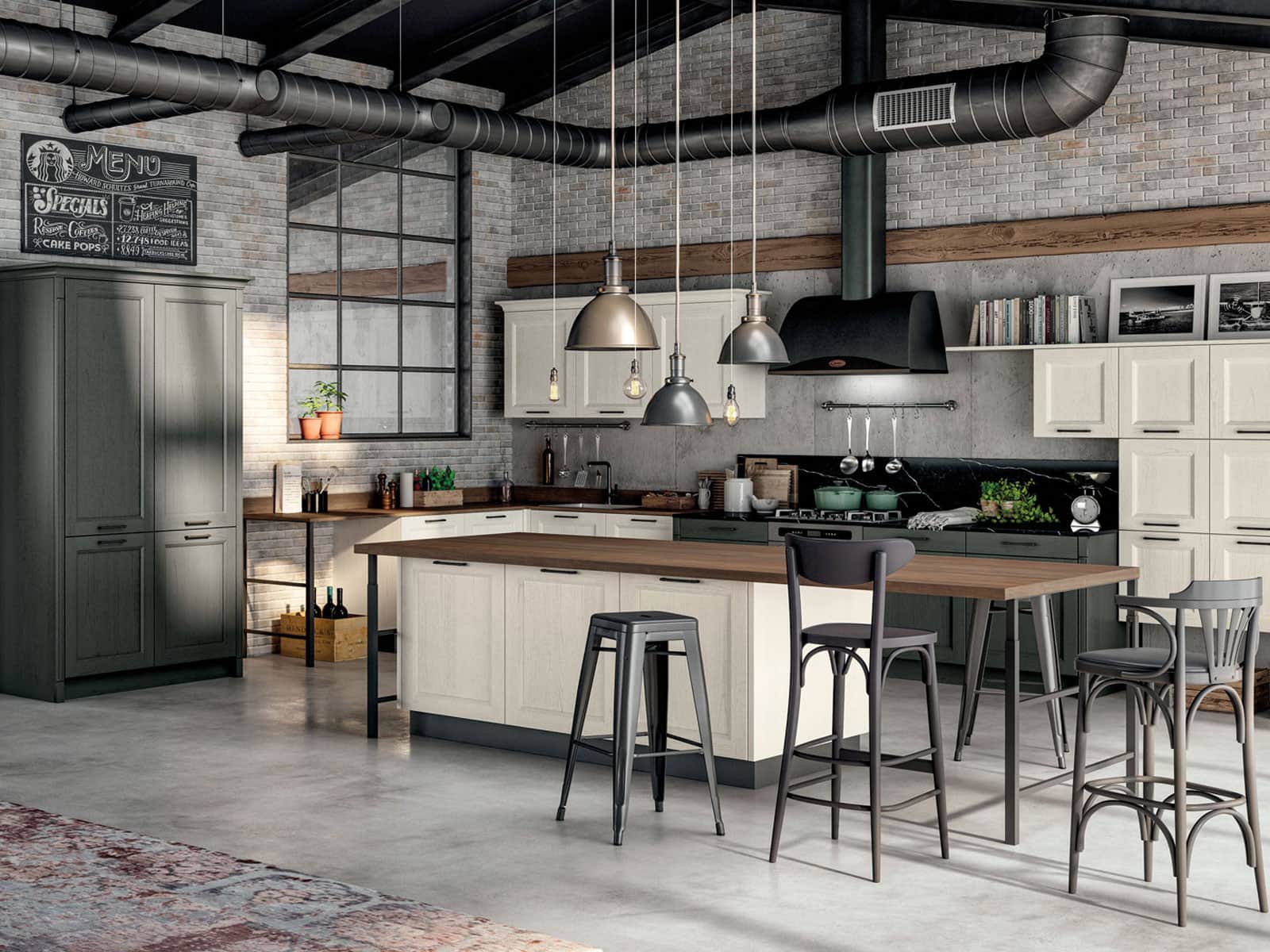 Cucina Gentili in stile industrial con ante a telaio bianche e verde scuro, isola con piano in legno e lampade in metallo