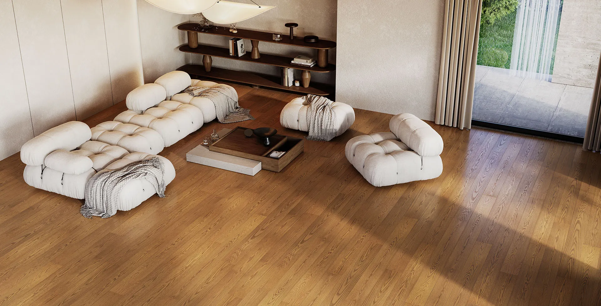 Soggiorno con parquet in rovere e divano modulare
