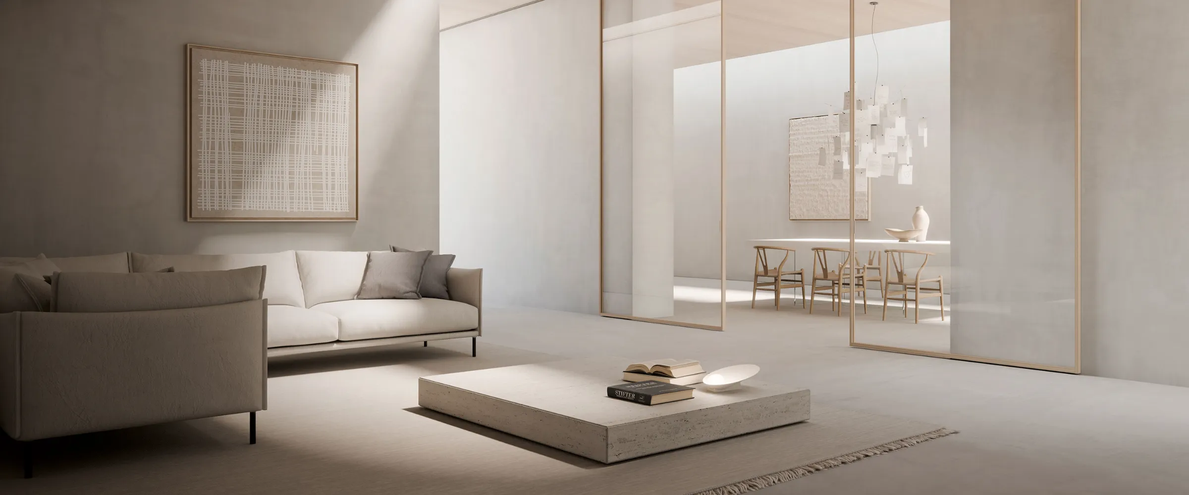 Living con porte scorrevoli in vetro