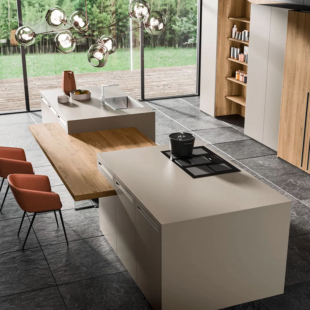 Doppia isola tortora con piano snack in rovere