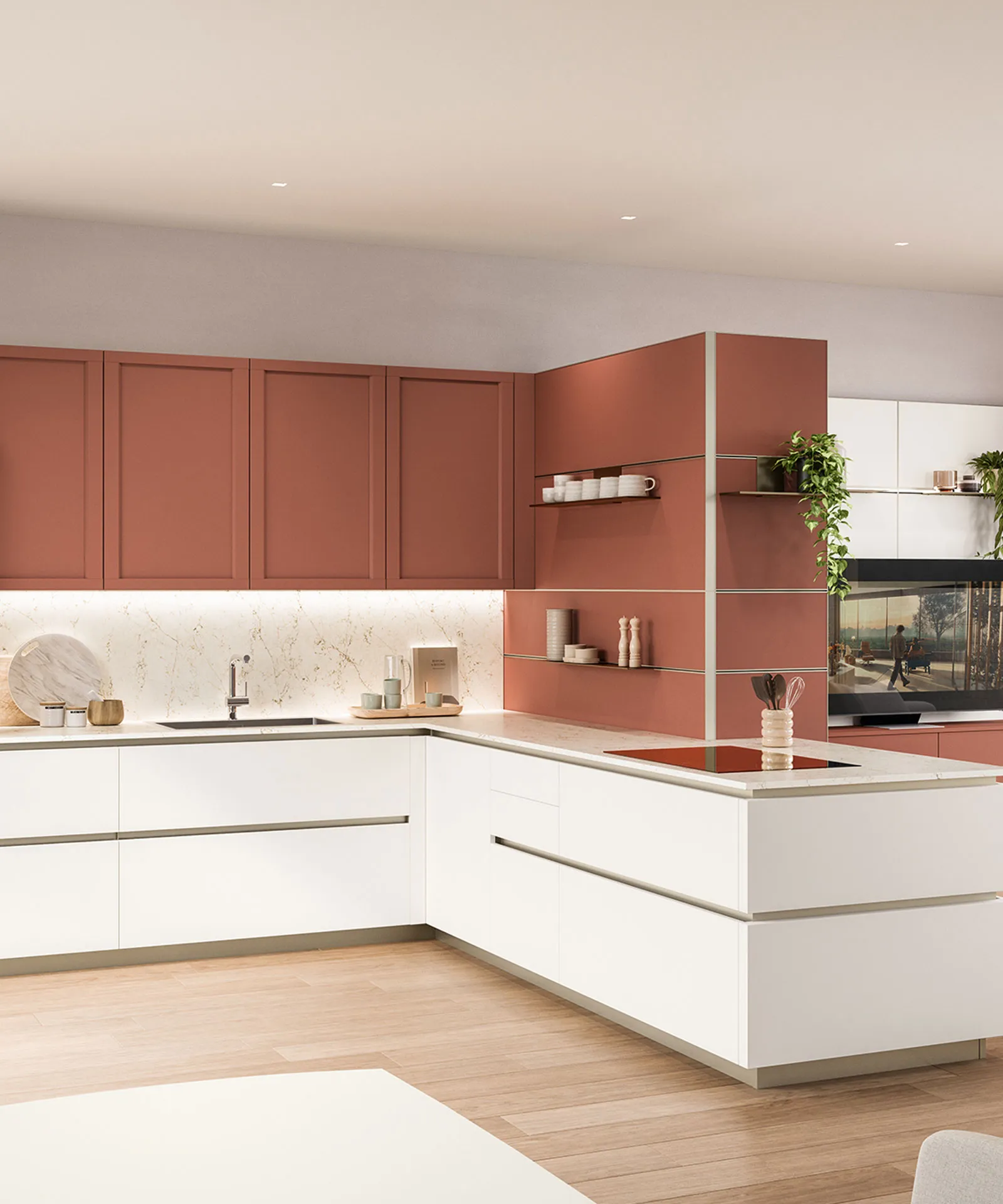 Cucina ad angolo con pensili terracotta e basi bianche
