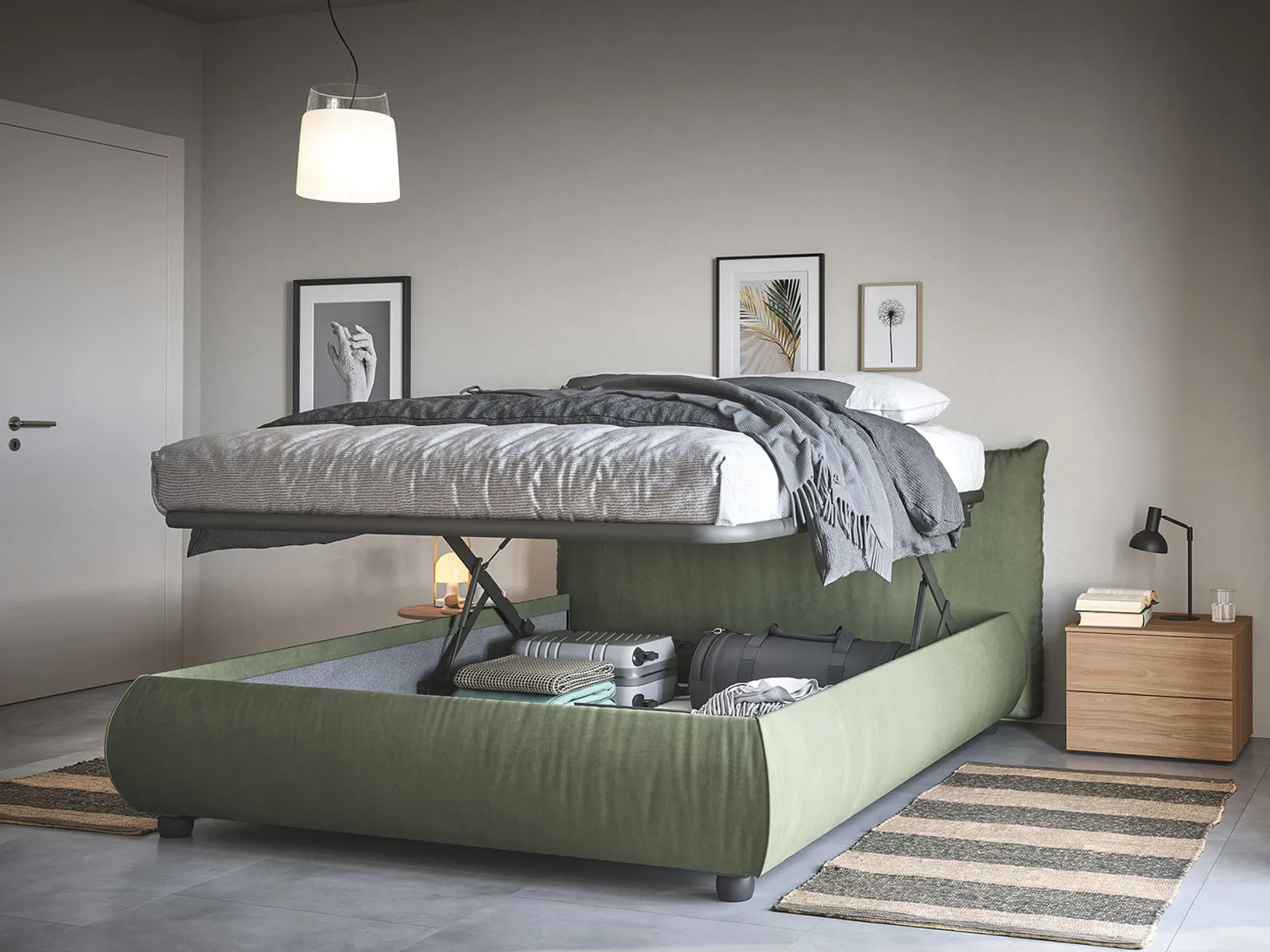 Letto contenitore imbottito verde con rete sollevata e vano aperto