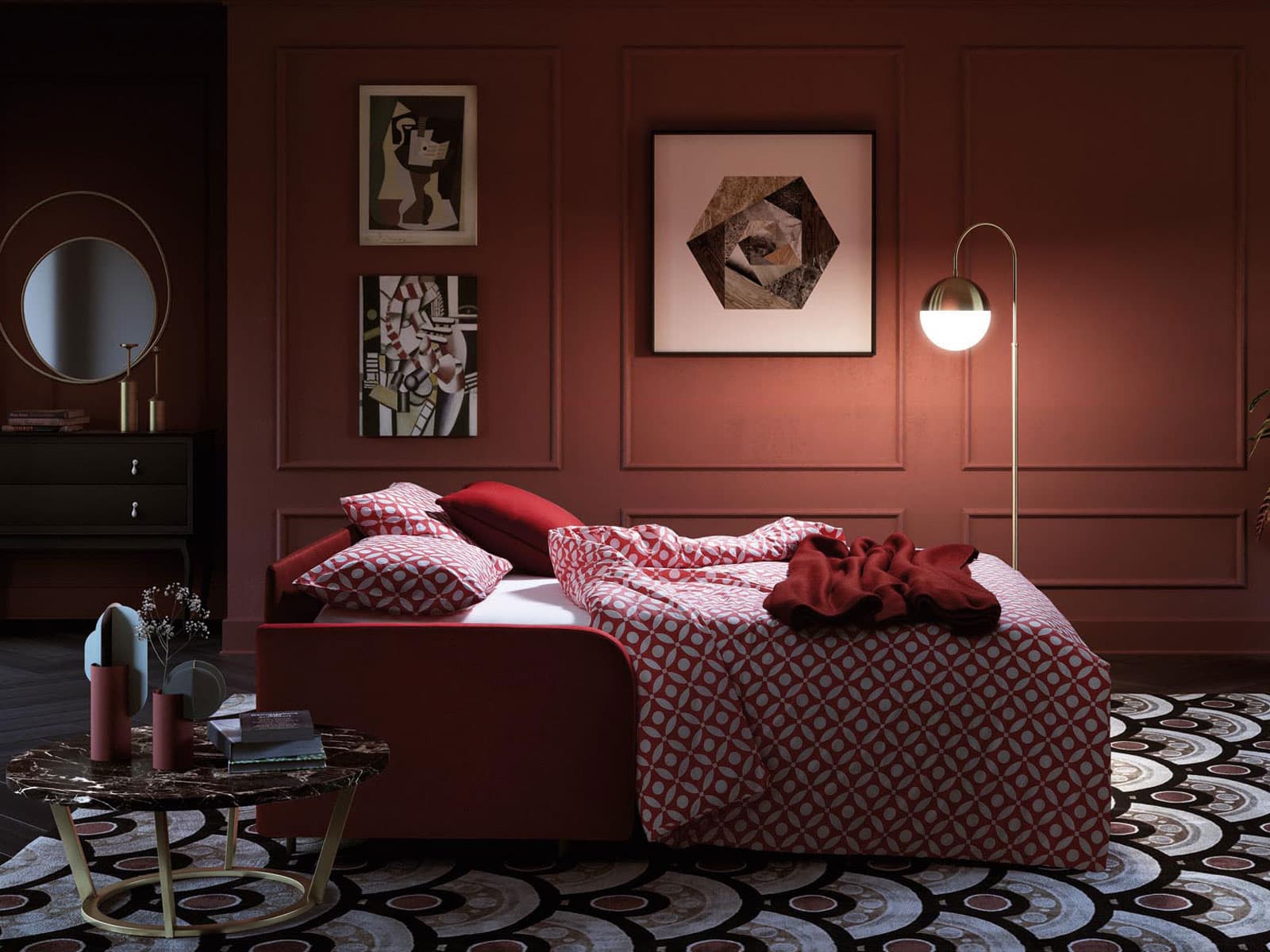 Divano letto aperto in tessuto rosso con biancheria a motivi geometrici, lampada in ottone e boiserie bordeaux