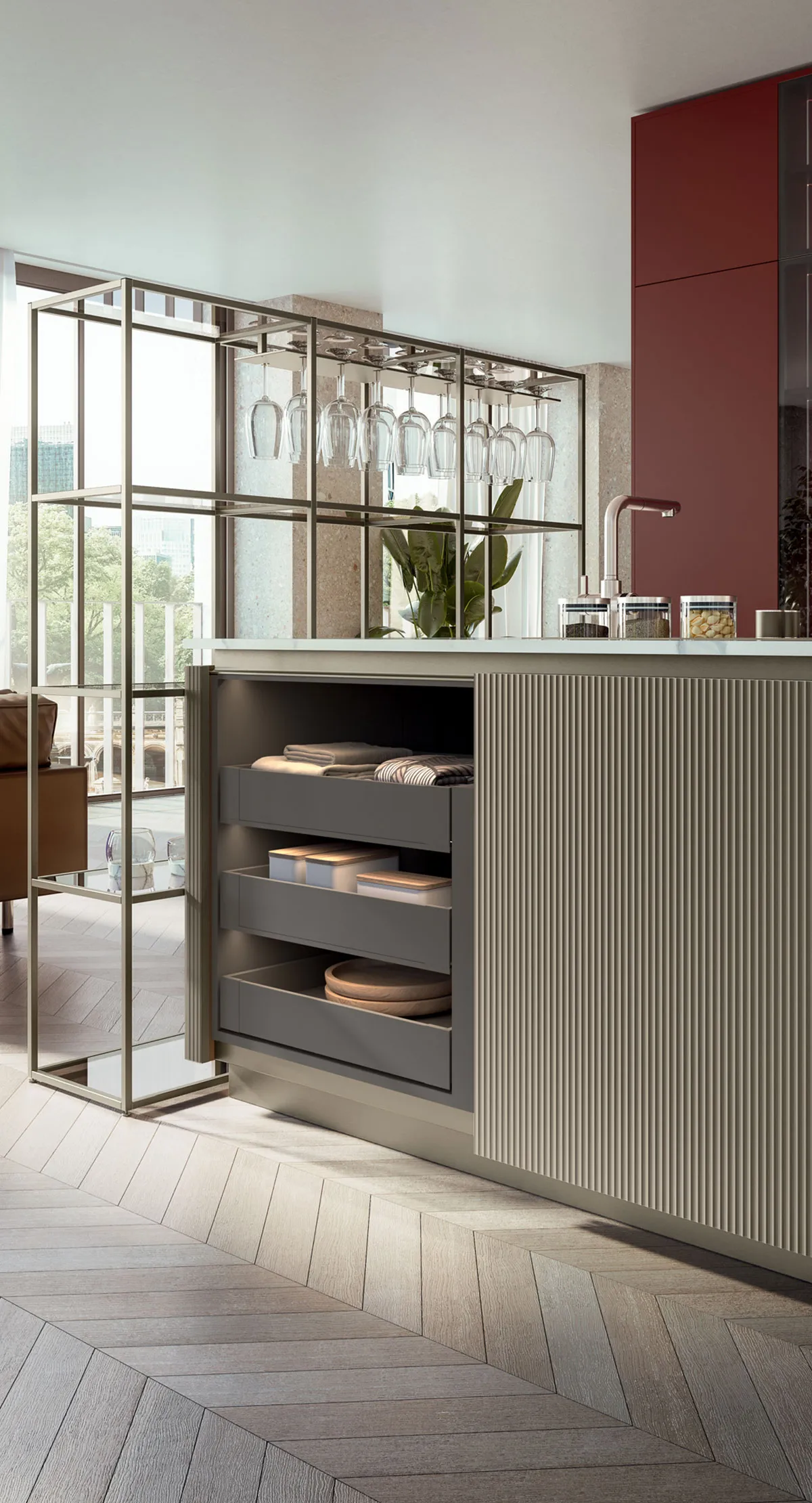 Isola Lounge con cassettoni attrezzati e libreria in metallo