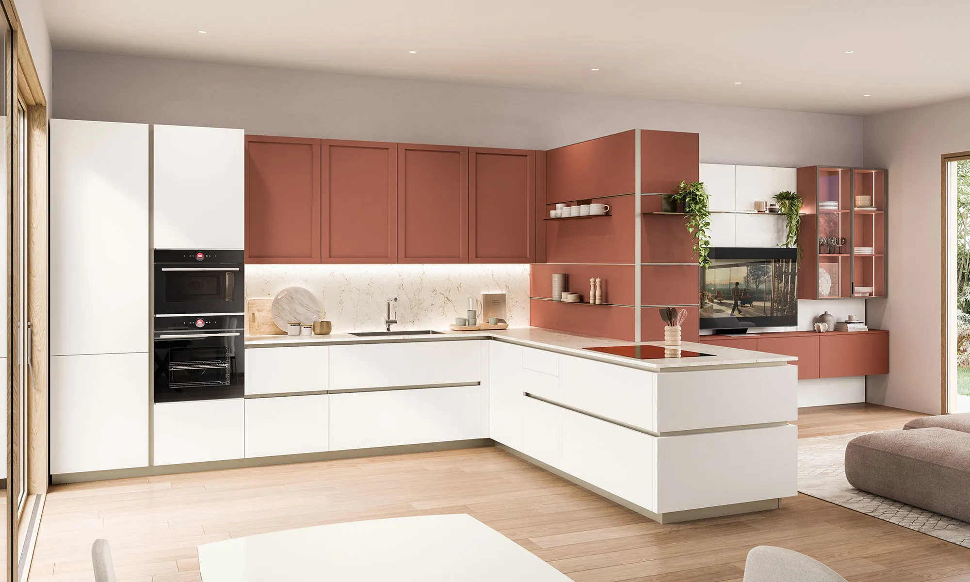Cucina Lounge ad angolo bianca e terracotta aperta sul living
