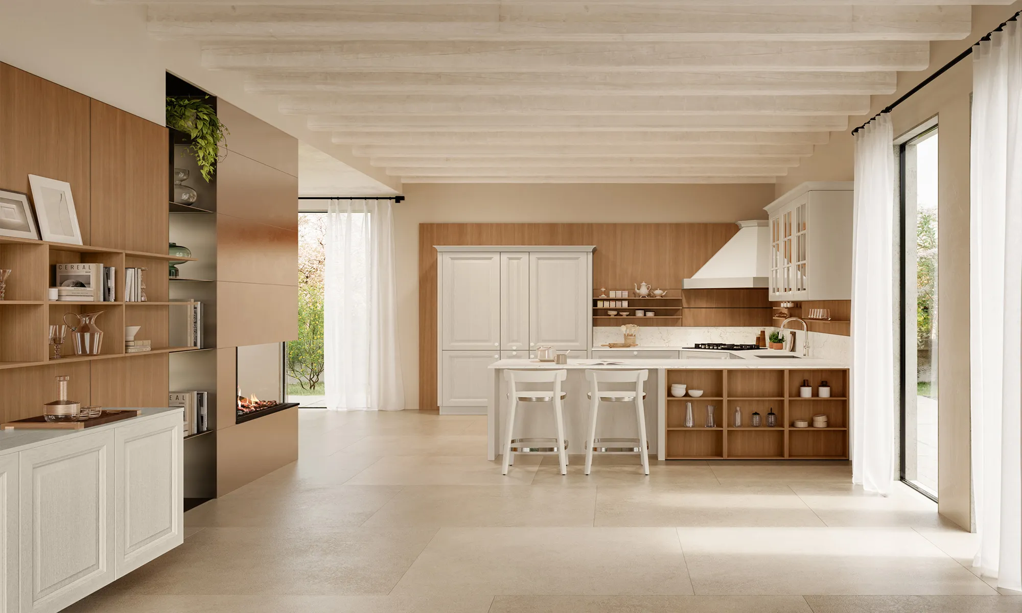 Cucina Pavese con penisola, cappa a camino e living con camino sotto un soffitto a travi