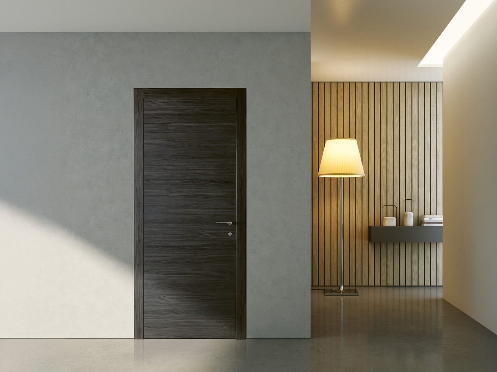 Porta in legno scuro a filo parete su muro in cemento, con boiserie a doghe nel corridoio