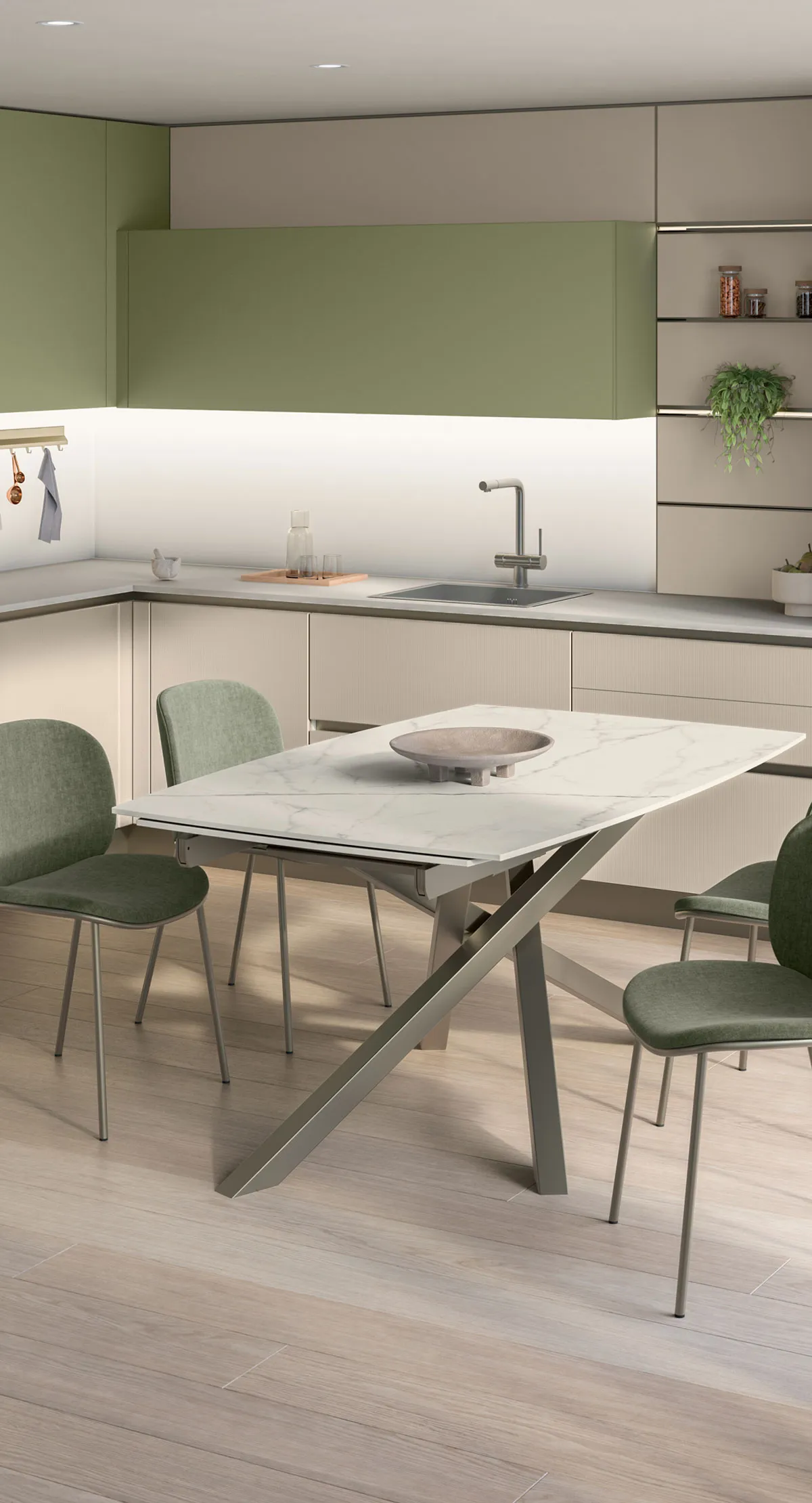Cucina Start-Time verde salvia con tavolo allungabile in marmo