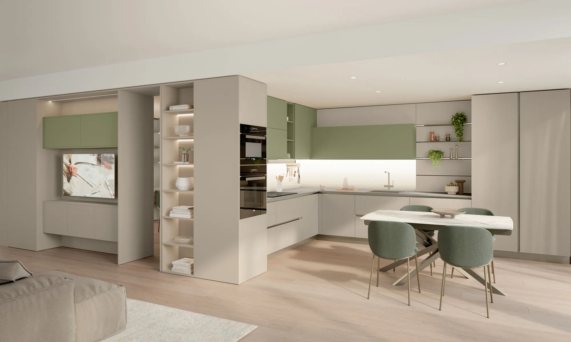 Cucina Start-Time ad angolo con colonne attrezzate e tavolo