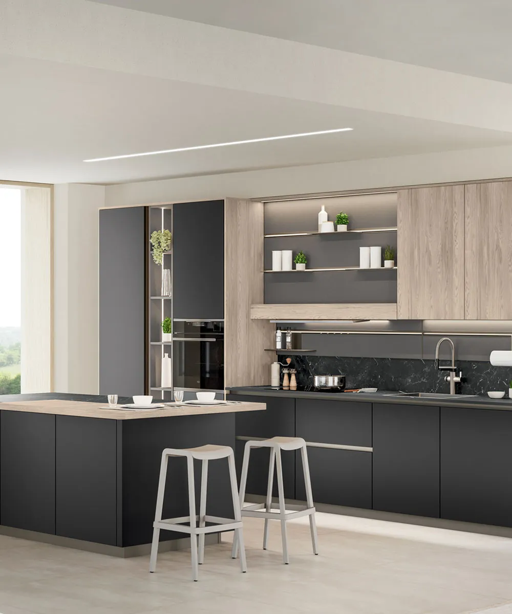 Cucina Start-Time antracite e rovere con penisola e sgabelli