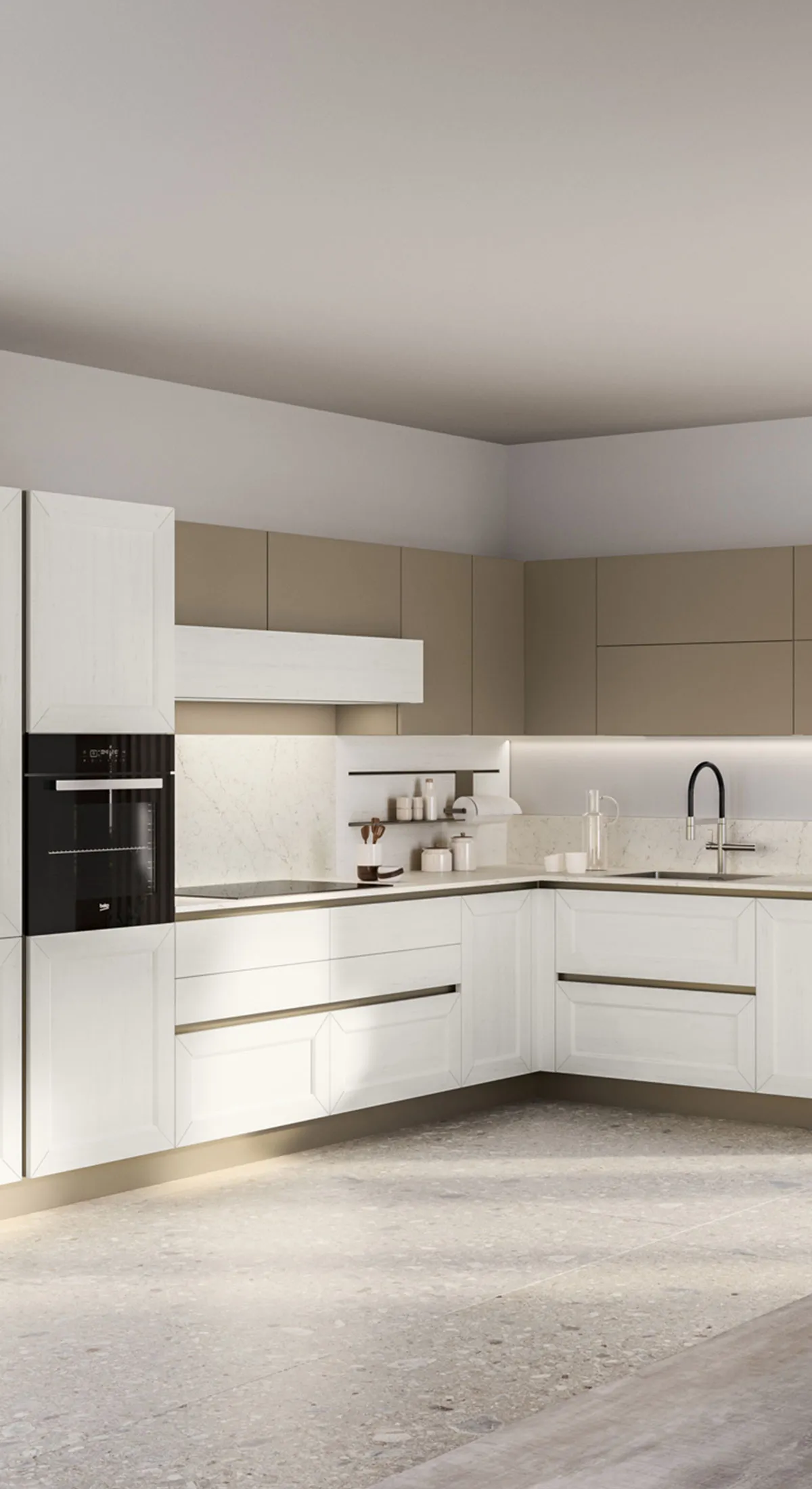 Cucina Tablet ad angolo con colonna forno, basi bianche a telaio e pensili tortora