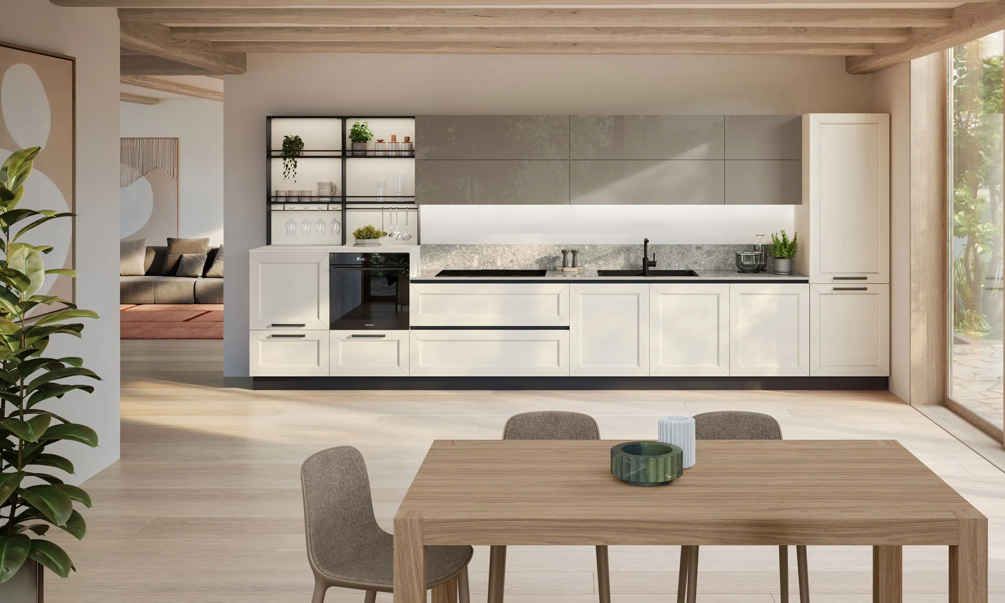 Cucina Tablet lineare con basi bianche a telaio, pensili grigi lucidi e libreria in metallo