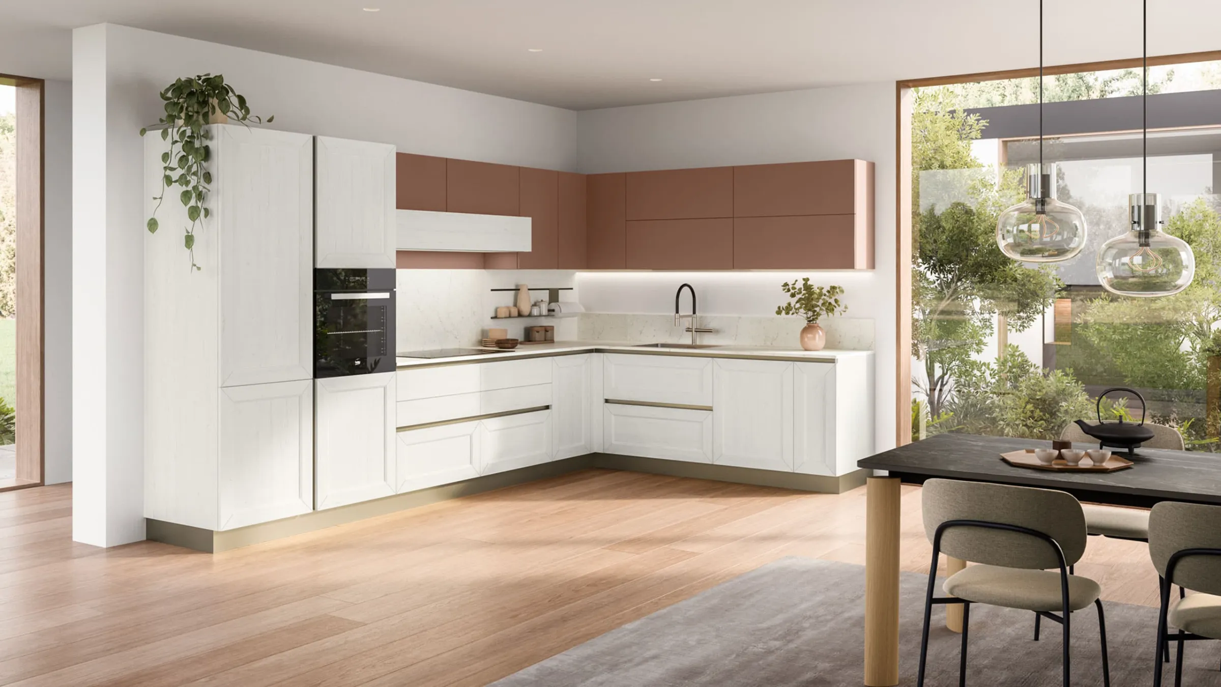 Cucina Tablet ad angolo con basi bianche a telaio e pensili color terracotta